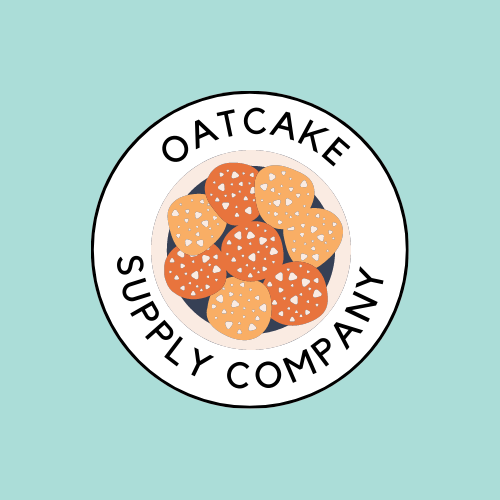 The logo is on an aqua background, a circle with oatcakes in the middle and Oatcake Supply Company written around the outer circle.